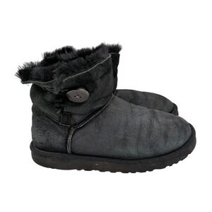 UGG Mini Bailey Button Black Suede Shearling Short Ankle Boots Womens 9